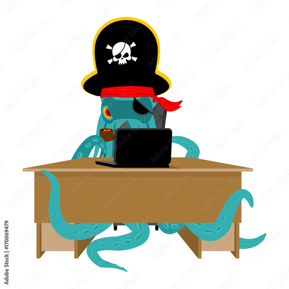 Poster web pirate octopus and laptop. poulpe internet hacker and pc. devilfish buccaneer and computer. eye 