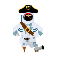 Space pirate. filibuster spaceman. buccaneer Cosmonaut in protective suit. rover astronaut in helmet. Eye patch and smoking pipe. pirates cap. Bones and Skull