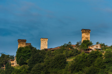 Fototapeta na wymiar Svan towers in Mestia, Svaneti region, Georgia 