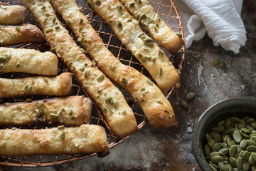 Pumpkin Seed Bread Sticks on the Cooling Rack
