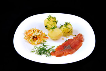potatoes with salmon fish and cabbage