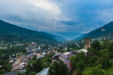Fototapeta na wymiar Svan towers in Mestia, Svaneti region, Georgia 