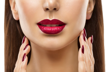 Lips Nail Closeup, Woman Beauty Makeup, Red Lipstick and Face Skin Care