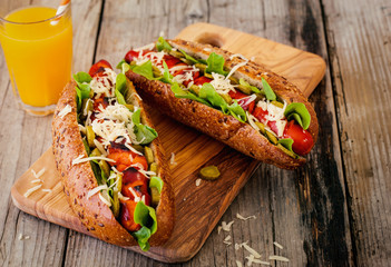 Barbecue Grilled Hot Dog With Cucumber, Cheese And Salad