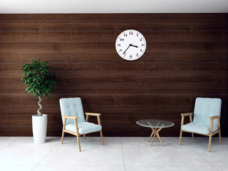 
Illustration of waiting room with hardwood wall, office Chair and Watch