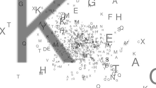 Letters motion typography background. Letters abstract 3D motion on paper background. Flying letters of English alphabet.