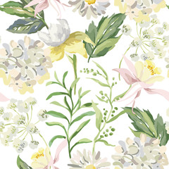 White flowers and green leaves on the white background. Vector seamless pattern. Hydrangea, daisy, aquilegia, iris. Cottage garden.