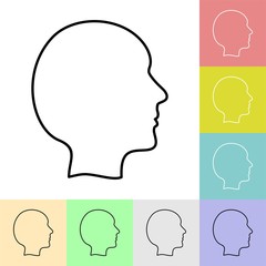 Simple black human face icon in color squares. Set of head contours from the side