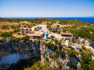 Obraz premium Aerial view of Agios Nikolaos blue caves in Zakynthos (Zante) island, in Greece