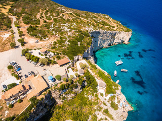 Aerial  view of  Agios Nikolaos blue caves  in Zakynthos (Zante) island, in Greece