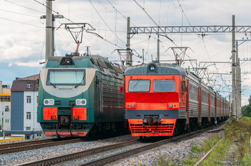 Fototapeta na wymiar Electric locomotives passing each other on the railway