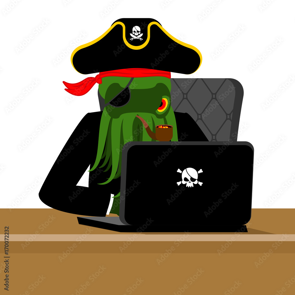 Poster web pirate octopus and laptop. poulpe internet hacker and pc. devilfish buccaneer and computer. eye 