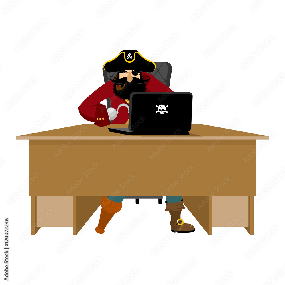 Poster web pirate and laptop. internet hacker and pc. buccaneer and computer. eye patch and smoking pipe. p
