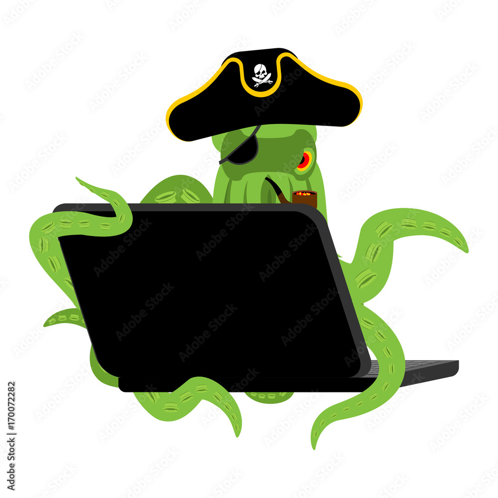 Poster web pirate octopus and laptop. poulpe internet hacker and pc. devilfish buccaneer and computer. eye 