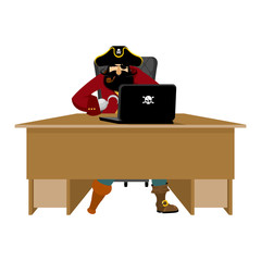 Web pirate and laptop. internet hacker and PC. buccaneer and computer. Eye patch and smoking pipe. pirates cap. Bones and Skull. See animal filibuster