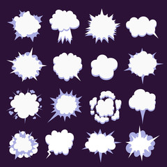 Comics book dialog empty cloud, space cartoon box pop-art. Set outline picture template memphis style text speech bubble on violet background. Creative idea conversation sketch explosion balloon.