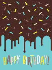 Birthday greeting card with dripping glaze on decorated cake 