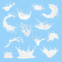 Set of 3D vector milk splash and pouring. Milk splash illustration, realistic natural dairy products, yogurt or cream, isolated on blue background. Print, template, design element. Vector illustration