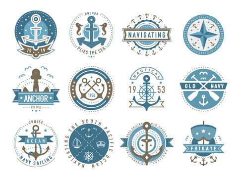 Nautical logos templates set. Vector object and icons. Marine labels, sea badges, anchor logo design, graphic emblems. Anchor and ship silhouettes. Boat, anchor, lighthouse, handwheel symbols.