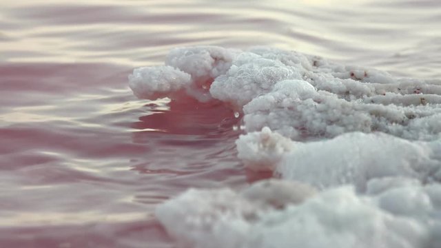 White salt deposits and pink lake water.