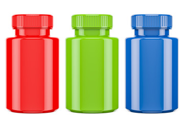 Set of colored medical bottles full drugs, 3D rendering