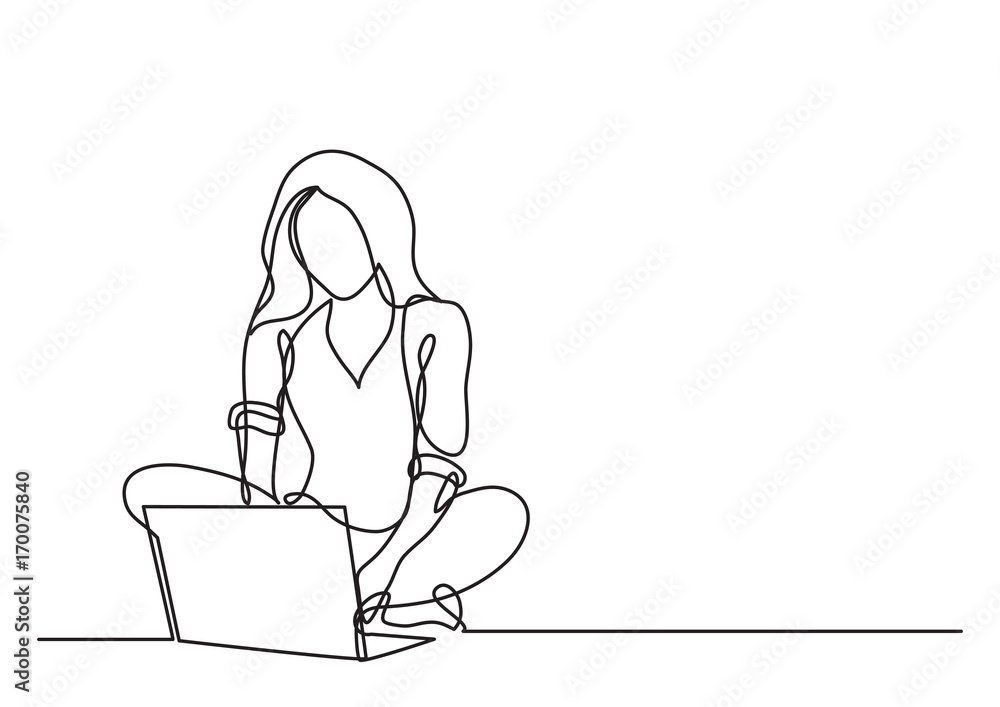 Wall mural continuous line drawing of woman with laptop