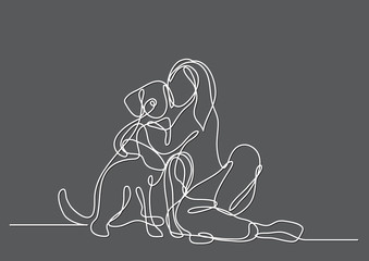continuous line drawing of woman with dog
