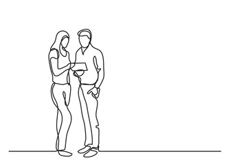 continuous line drawing of man and woman discussing