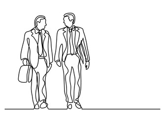 continuous line drawing of two walking businessmen
