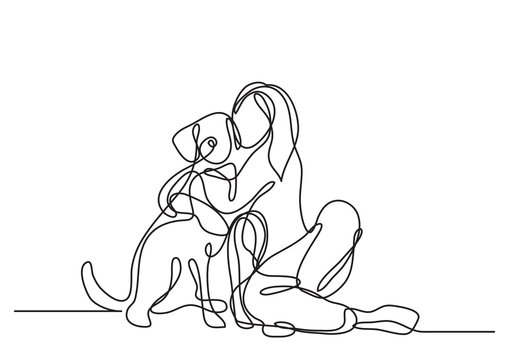 continuous line drawing of woman with dog
