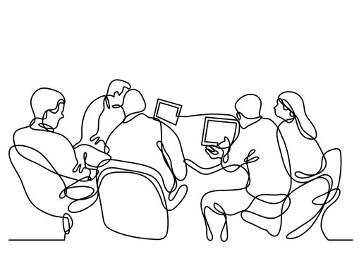 continuous line drawing of working group of team members