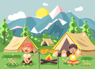 Obraz na płótnie Canvas hildren boy sings playing guitar with girl scouts, camping on nature, hike tents and backpacks, adventure park outdoor background of mountains flat style