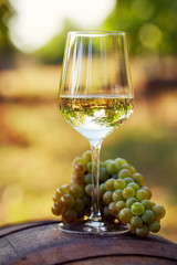 Un verre de vin blanc avec des raisins sur un tonneau