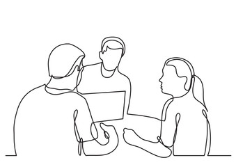 continuous line drawing of three coworkers discussing