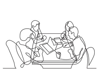 continuous line drawing of four team members working together