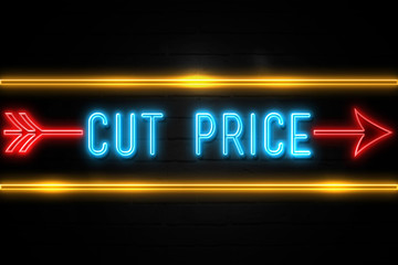 Cut Price  - fluorescent Neon Sign on brickwall Front view