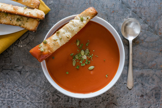 Tomato Soup with Pumpkin Seed Bread Sticks