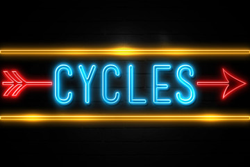 Cycles  - fluorescent Neon Sign on brickwall Front view