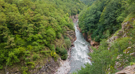 Summer landscape with mountain river. Belaya River in Republic of Adygea, Russia