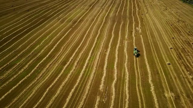 4K. Modern tractor makes haystacks on the field after harvesting. Aerial view.