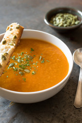 Pumpkin Soup with Pepita Bread Sticks