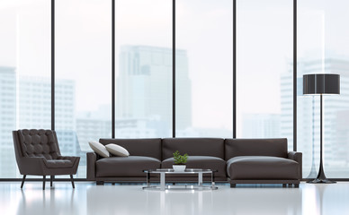 Modern living room 3D rendering image.There are white floor.Furnished with black wood and leather furniture .There are large windows look out to see the city background in the fog