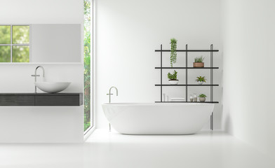 Modern white bathroom interior minimal style 3d rendering image. There are large windows look out to see the nature