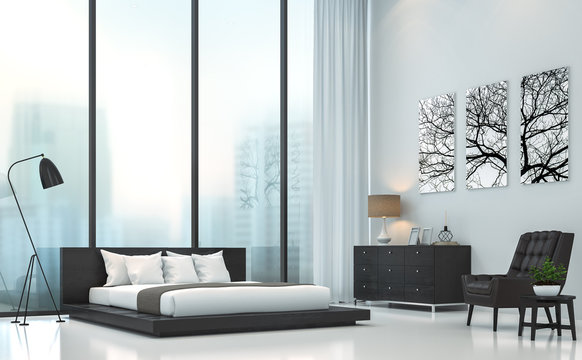 Modern white bedroom 3D rendering image.There are white floor.Furnished with black wood and leather furniture .There are large windows look out to see the city background in the fog
