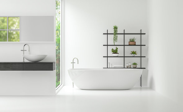 Modern white bathroom interior minimal style 3d rendering image. There are large windows look out to see the nature