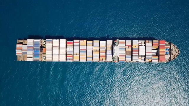 Ultra large container vessel (ULCV) at sea - Aerial footage 