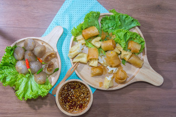 Deep fried spring roll and Fried Tofu with sauce