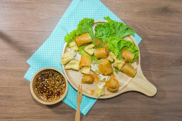 Deep fried spring roll and Fried Tofu with sauce