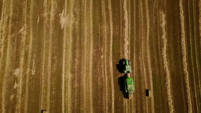 4K. Modern tractor makes haystacks on the field after harvesting. Aerial top view.
