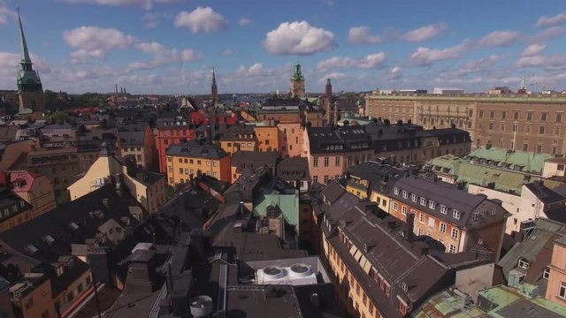 Aerial view of Stockholm Gamla stan. Drone shot flying over city buildings in the Old Town of Stockholm, Sweden